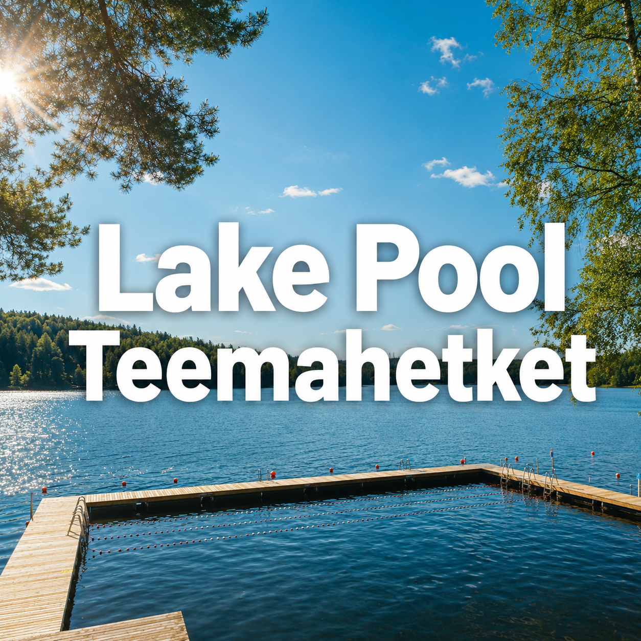 teksti Lake Pool teemahetket ja kuva kesäisestä järvestä, uimaradoista sekä laiturista