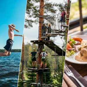 Latvuksista laiturille -aiheinen kuva jossa kuvataan pajulahden seikkailupuistoa, lake pool järviallasta ja maittavaa lounas ravintolaa